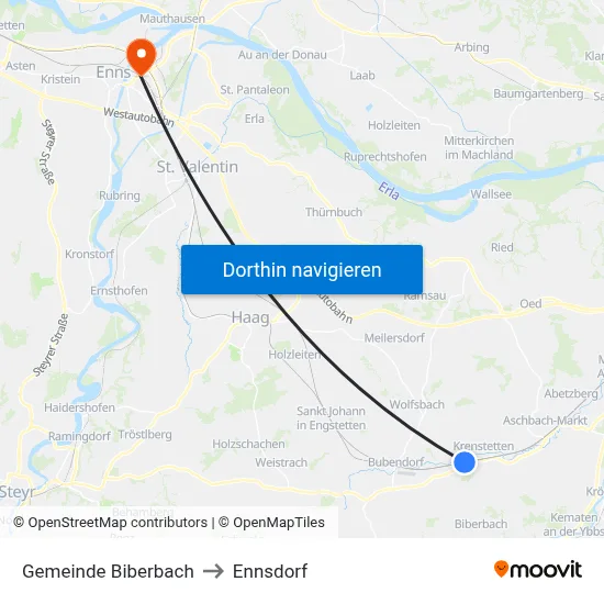 Gemeinde Biberbach to Ennsdorf map