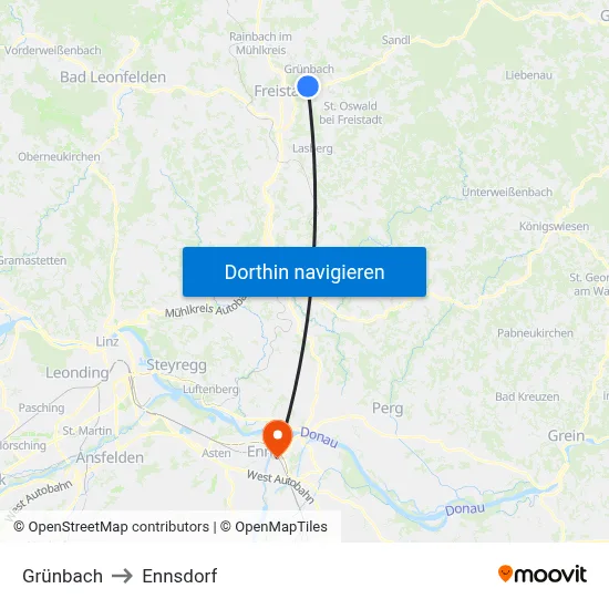 Grünbach to Ennsdorf map