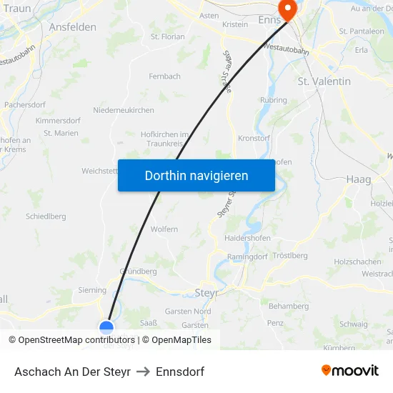 Aschach An Der Steyr to Ennsdorf map