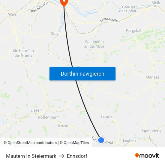 Mautern In Steiermark to Ennsdorf map