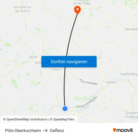 Pöls-Oberkurzheim to Gaflenz map