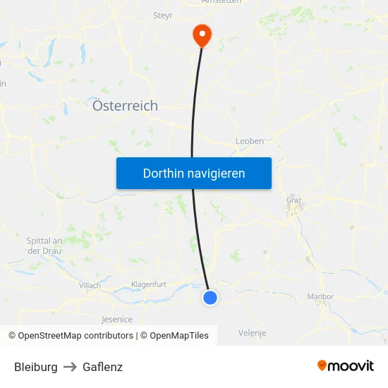 Bleiburg to Gaflenz map