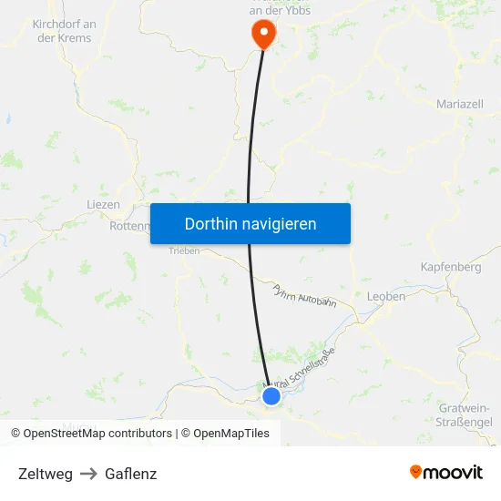 Zeltweg to Gaflenz map