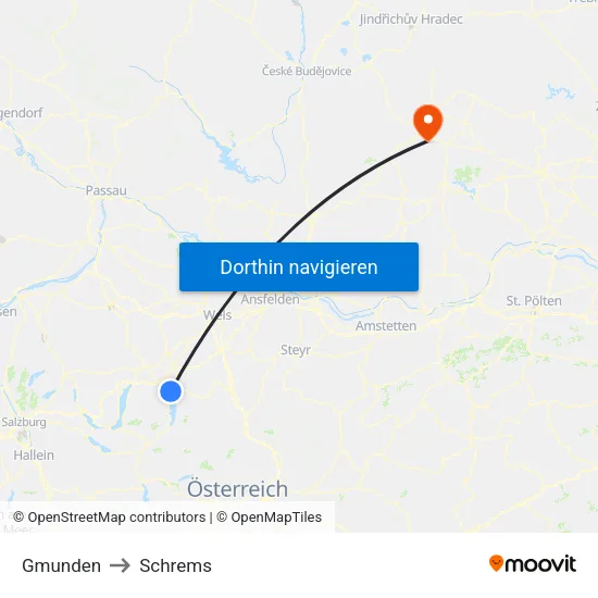 Gmunden to Schrems map