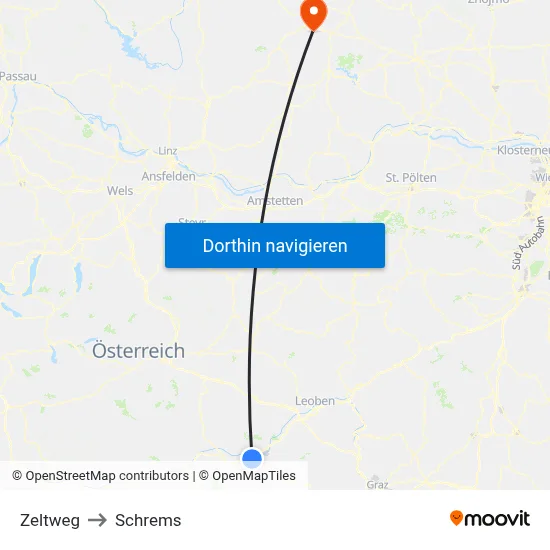 Zeltweg to Schrems map