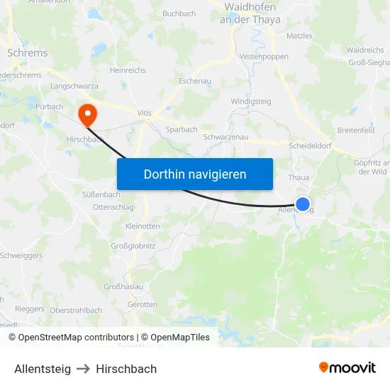 Allentsteig to Hirschbach map