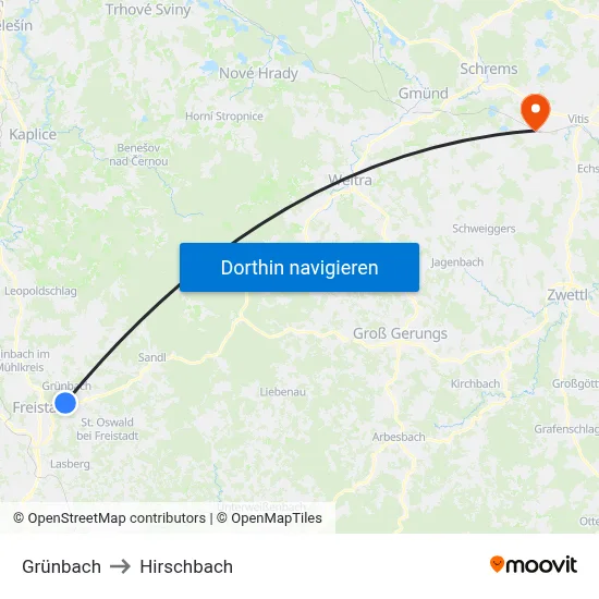 Grünbach to Hirschbach map