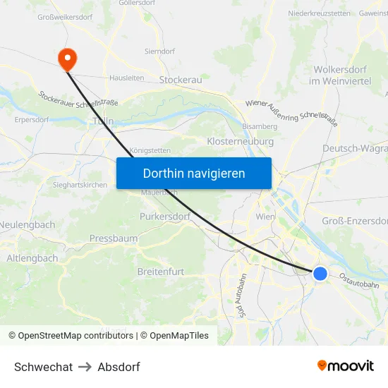 Schwechat to Absdorf map