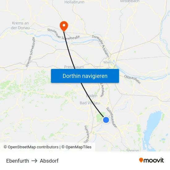 Ebenfurth to Absdorf map