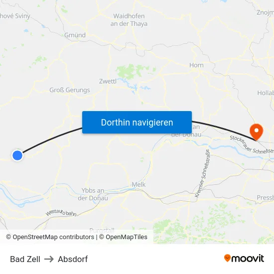 Bad Zell to Absdorf map