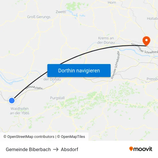 Gemeinde Biberbach to Absdorf map