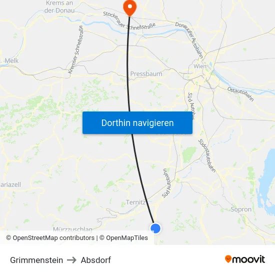 Grimmenstein to Absdorf map