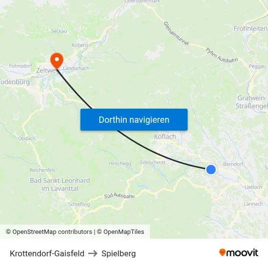 Krottendorf-Gaisfeld to Spielberg map