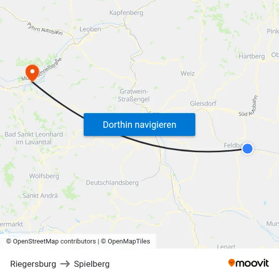 Riegersburg to Spielberg map