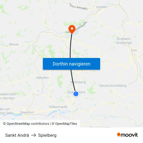 Sankt Andrä to Spielberg map