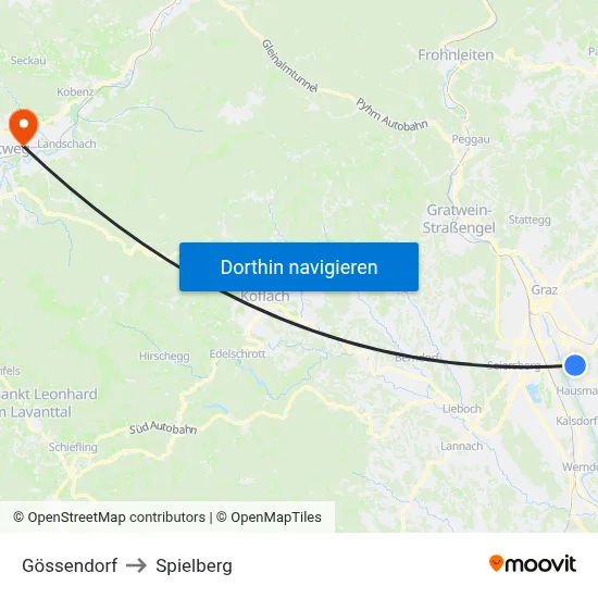 Gössendorf to Spielberg map