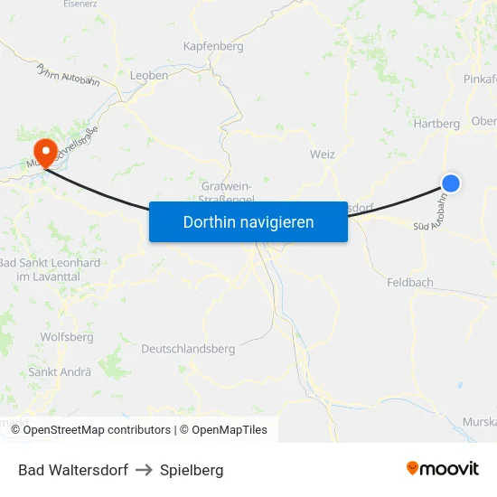Bad Waltersdorf to Spielberg map
