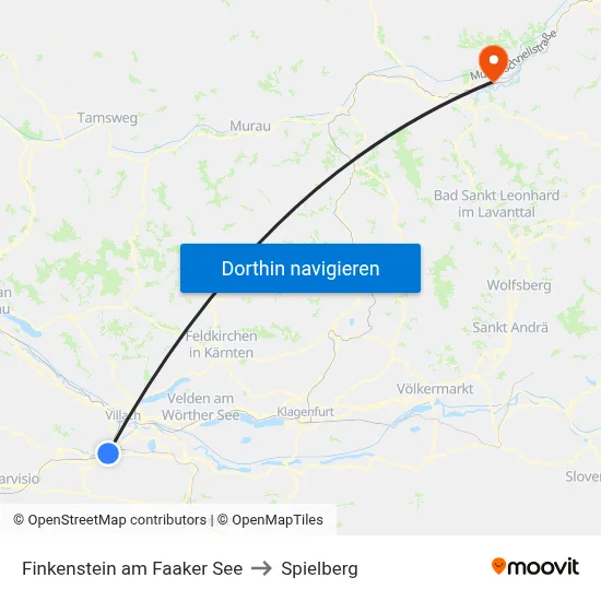 Finkenstein am Faaker See to Spielberg map