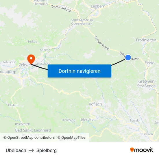 Übelbach to Spielberg map
