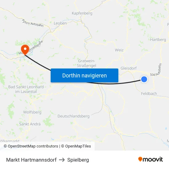 Markt Hartmannsdorf to Spielberg map