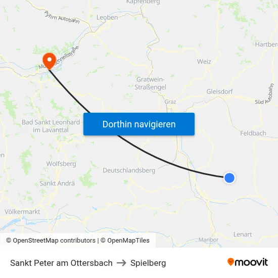 Sankt Peter am Ottersbach to Spielberg map