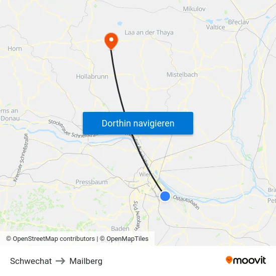 Schwechat to Mailberg map