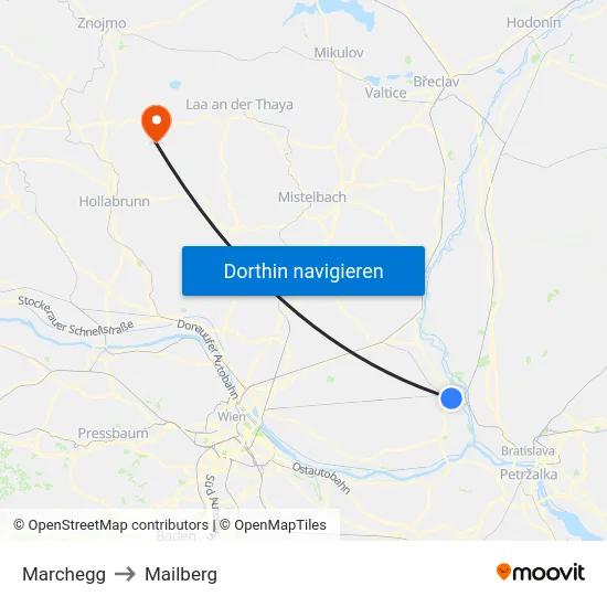 Marchegg to Mailberg map