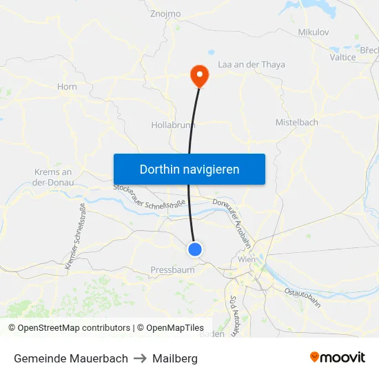 Gemeinde Mauerbach to Mailberg map