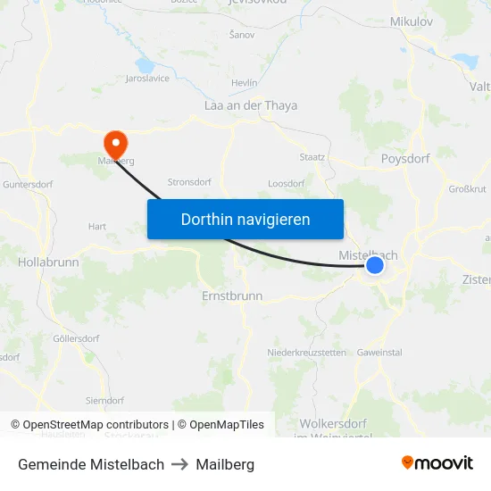 Gemeinde Mistelbach to Mailberg map