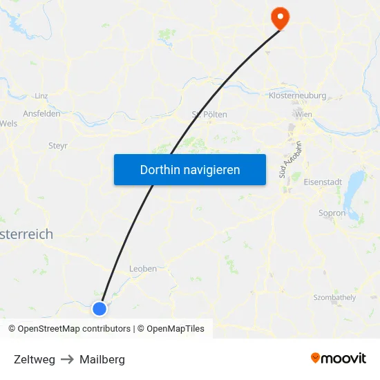Zeltweg to Mailberg map