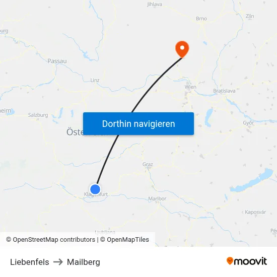 Liebenfels to Mailberg map