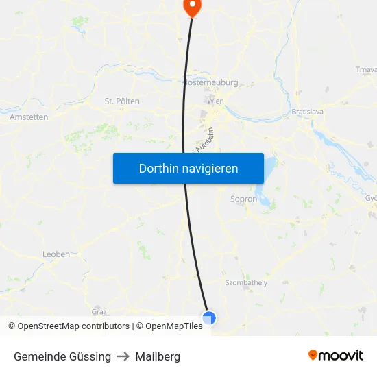 Gemeinde Güssing to Mailberg map