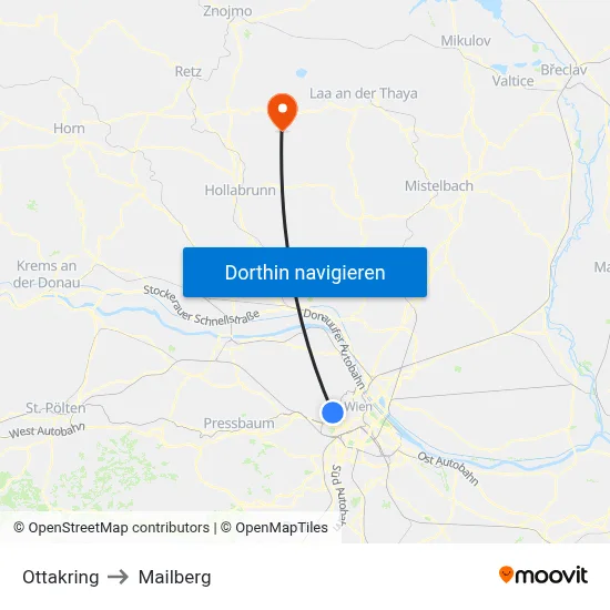 Ottakring to Mailberg map