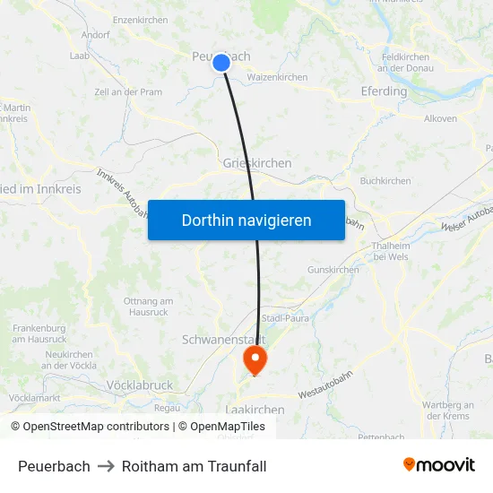 Peuerbach to Roitham am Traunfall map