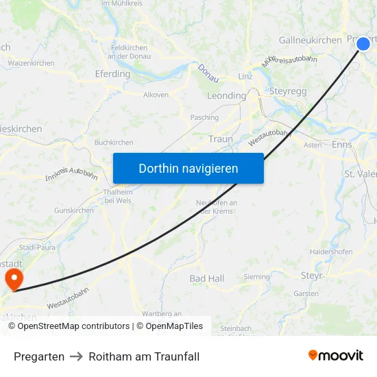 Pregarten to Roitham am Traunfall map