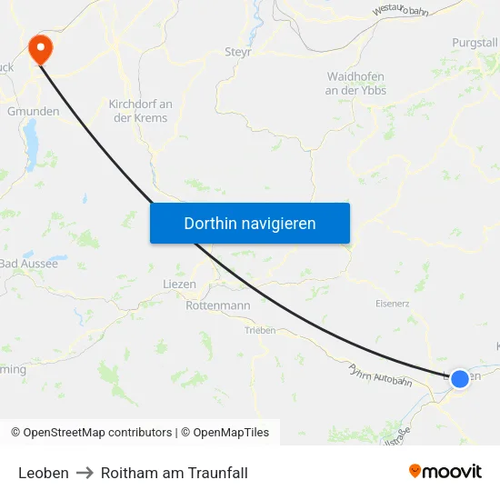 Leoben to Roitham am Traunfall map