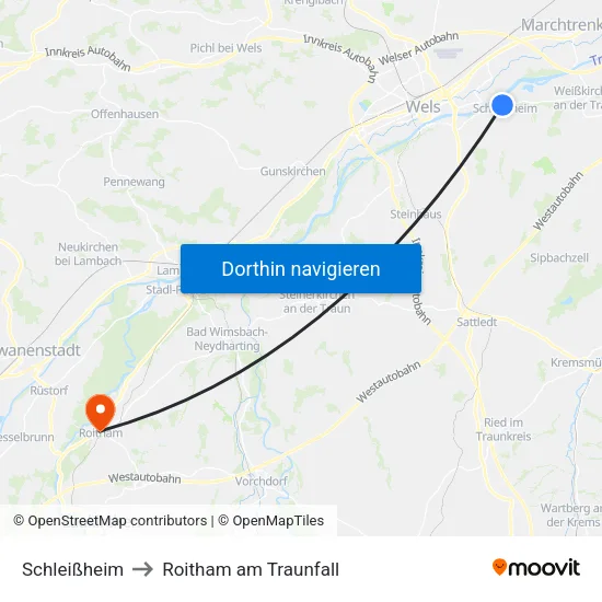 Schleißheim to Roitham am Traunfall map