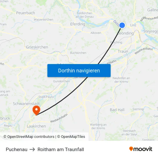 Puchenau to Roitham am Traunfall map