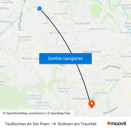 Taufkirchen An Der Pram to Roitham am Traunfall map