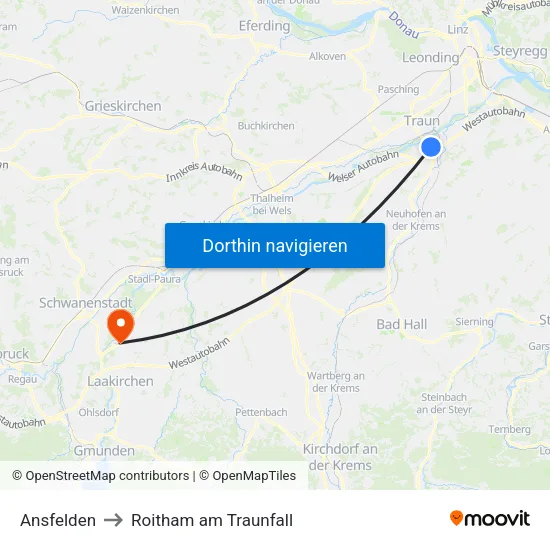 Ansfelden to Roitham am Traunfall map