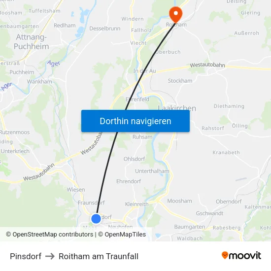Pinsdorf to Roitham am Traunfall map
