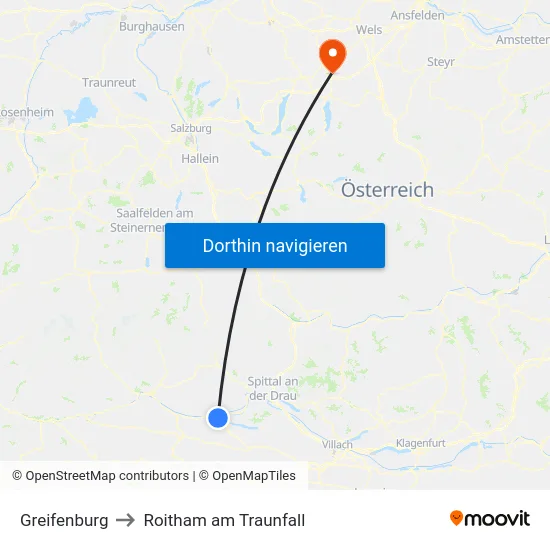 Greifenburg to Roitham am Traunfall map