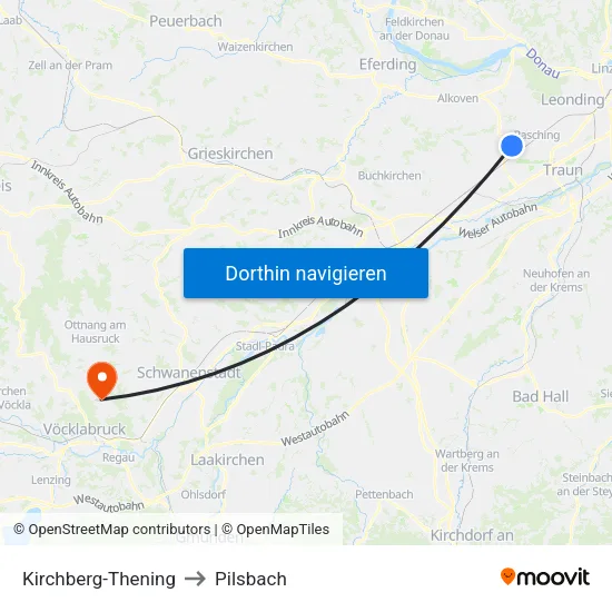 Kirchberg-Thening to Pilsbach map