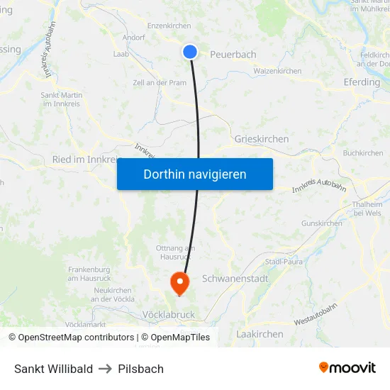 Sankt Willibald to Pilsbach map
