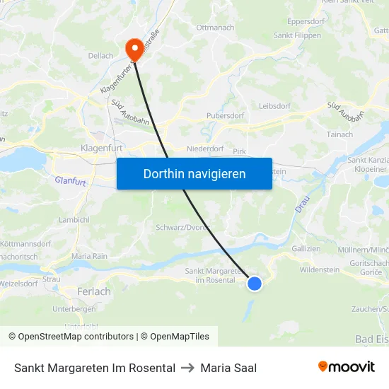 Sankt Margareten Im Rosental to Maria Saal map