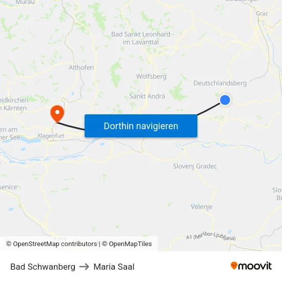 Bad Schwanberg to Maria Saal map