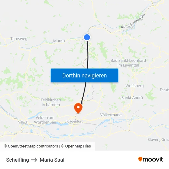 Scheifling to Maria Saal map