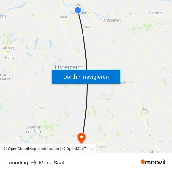 Leonding to Maria Saal map