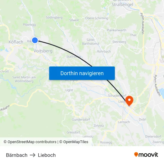 Bärnbach to Lieboch map