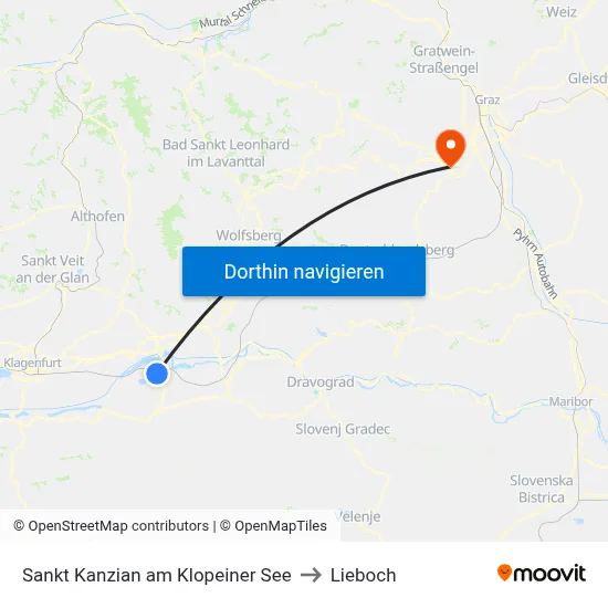 Sankt Kanzian am Klopeiner See to Lieboch map